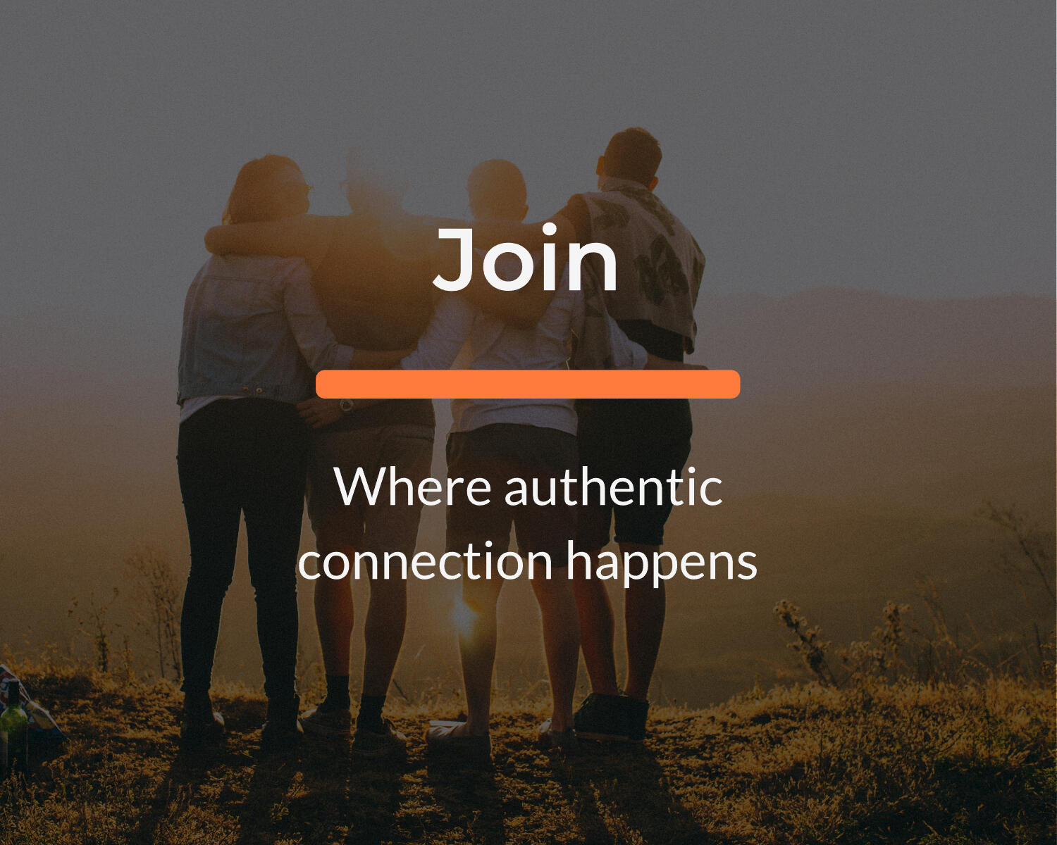 Group of men standing together at sunset with arms around each other — button linking to Get Connected page to join the Dudes & Dads WhatsApp group.