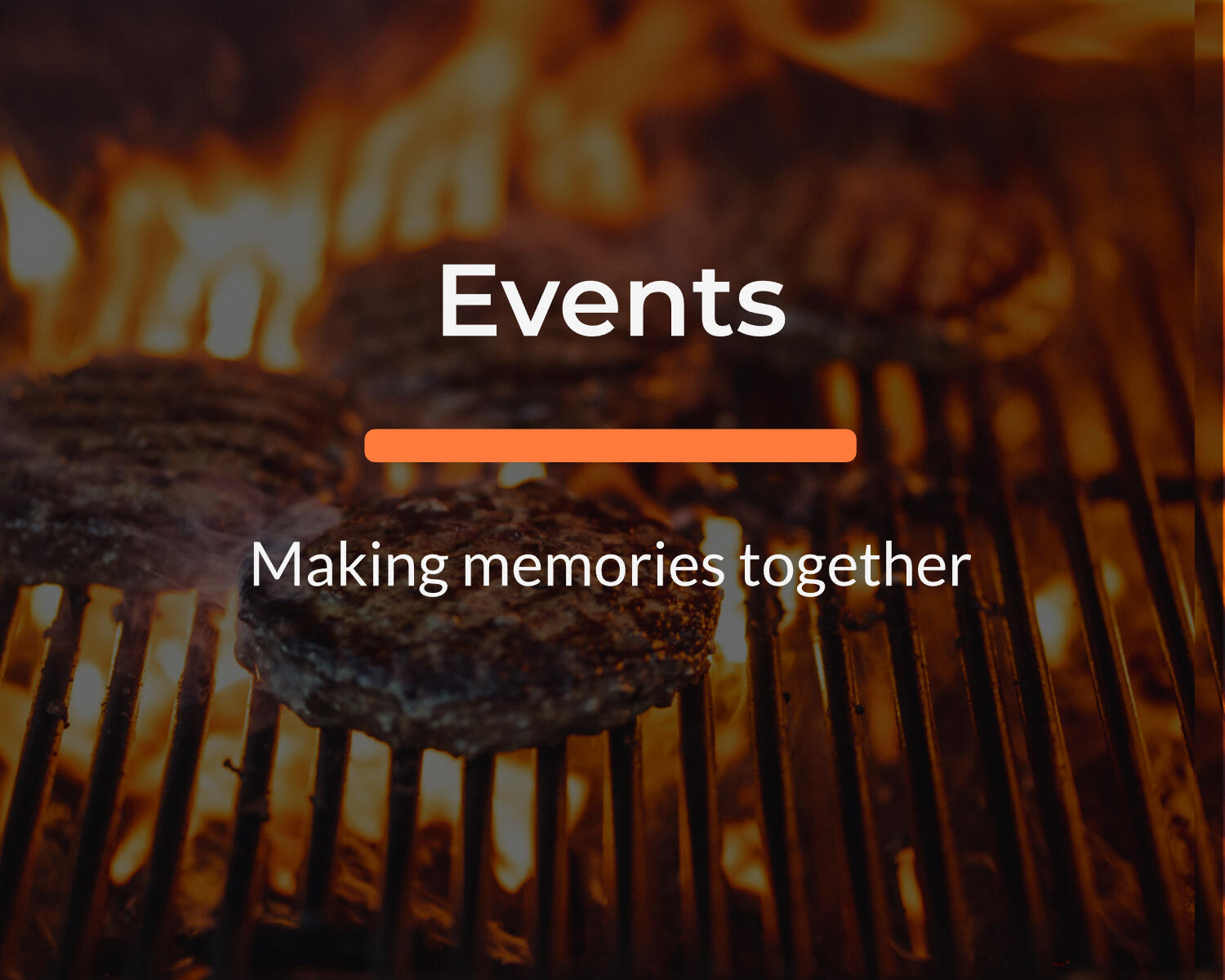Close-up of burgers cooking on a grill — button linking to Upcoming Events page with info on Dudes & Dads meetups and activities.
